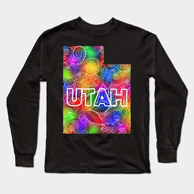 Colorful mandala art map of Utah with text in multicolor pattern Long Sleeve T-Shirt by Happy Citizen